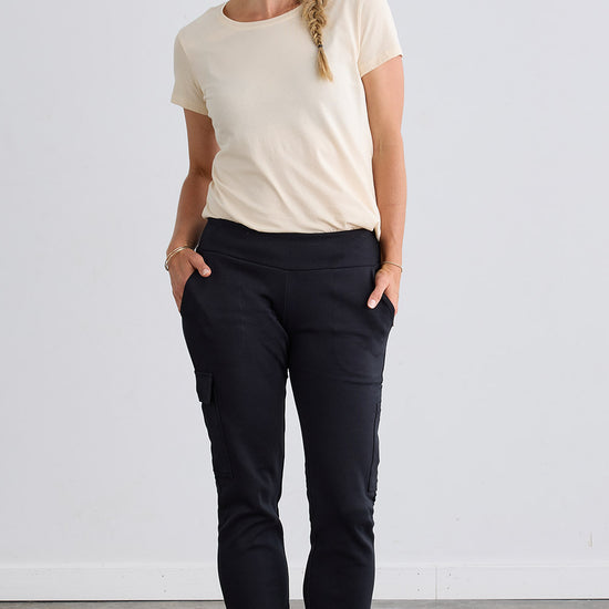 Women's Organic Cotton Double Knit Luxe Cargo Trousers - Black