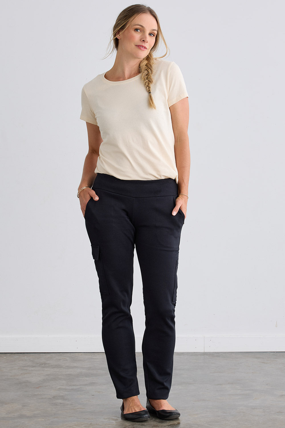 Women's Organic Cotton Double Knit Luxe Cargo Trousers - Black