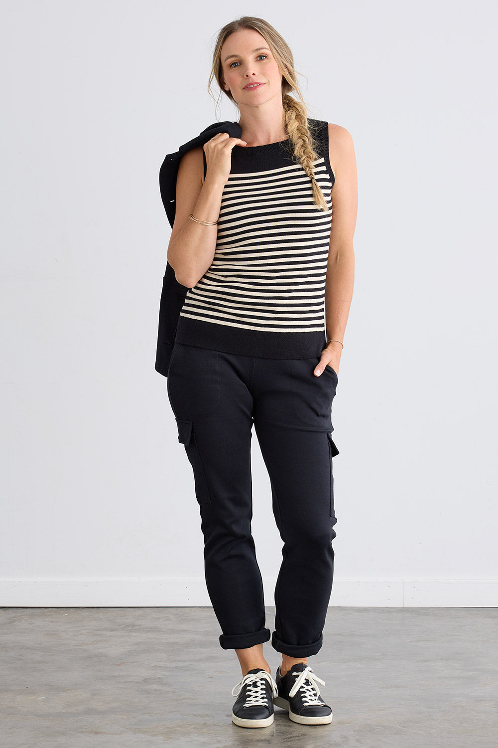 Women's Organic Cotton Double Knit Luxe Cargo Trousers - Black