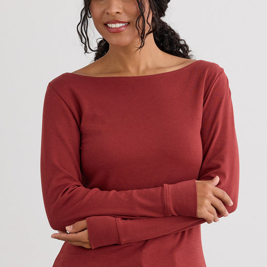 Women's Luxe 100% Organic Cotton Boat Neck Long Sleeve Tee - Auburn