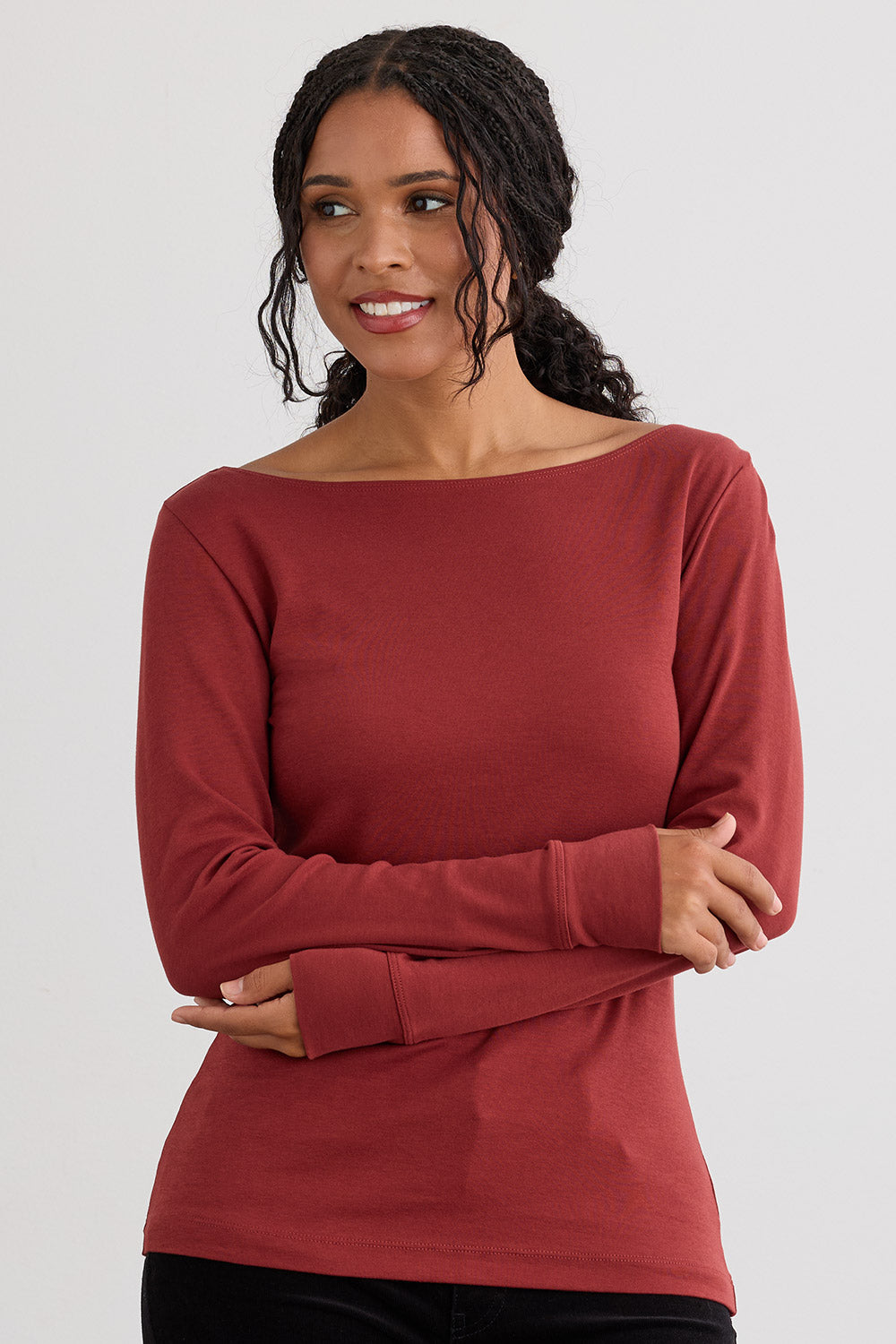 Women's Luxe 100% Organic Cotton Boat Neck Long Sleeve Tee - Auburn