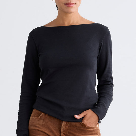 Women's Luxe 100% Organic Cotton Boat Neck Long Sleeve Tee - Black