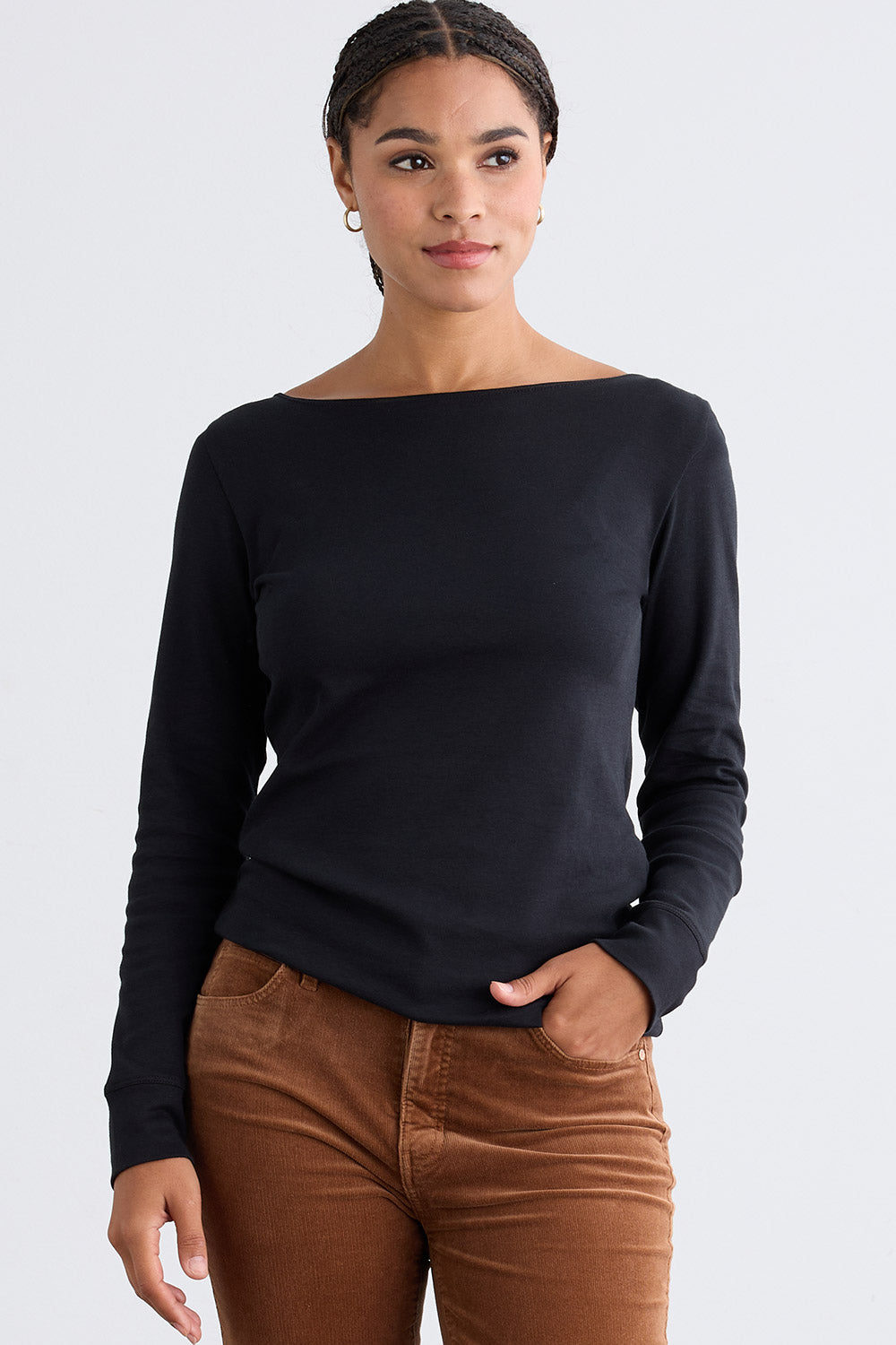 Women's Luxe 100% Organic Cotton Boat Neck Long Sleeve Tee - Black