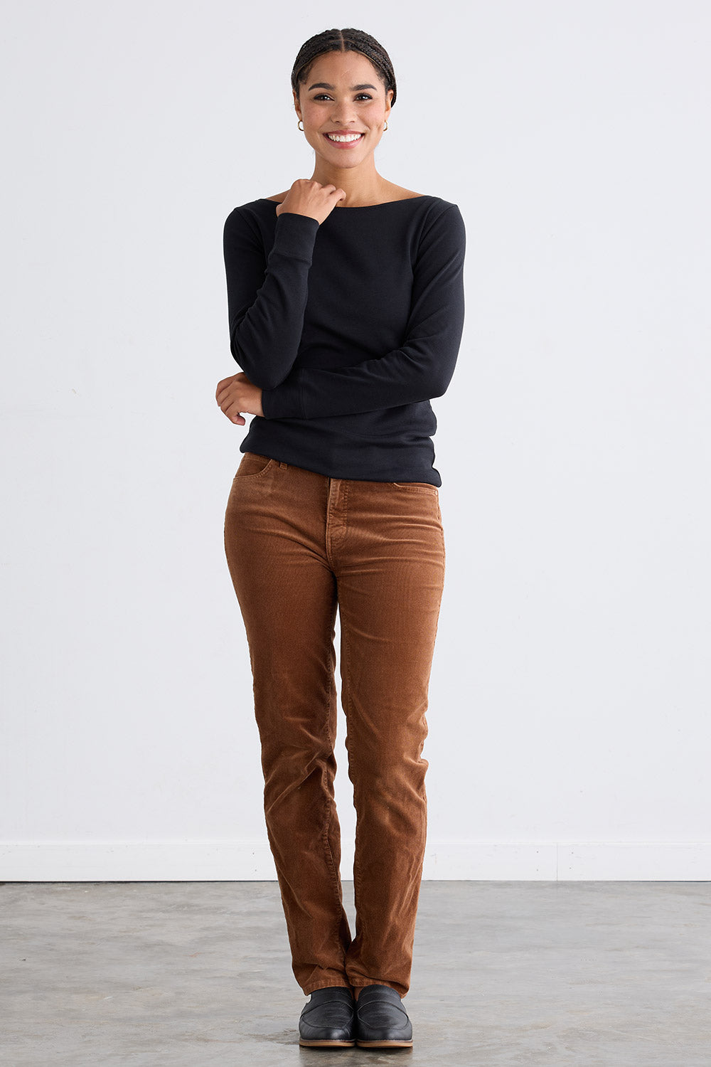 Women's Luxe 100% Organic Cotton Boat Neck Long Sleeve Tee - Black