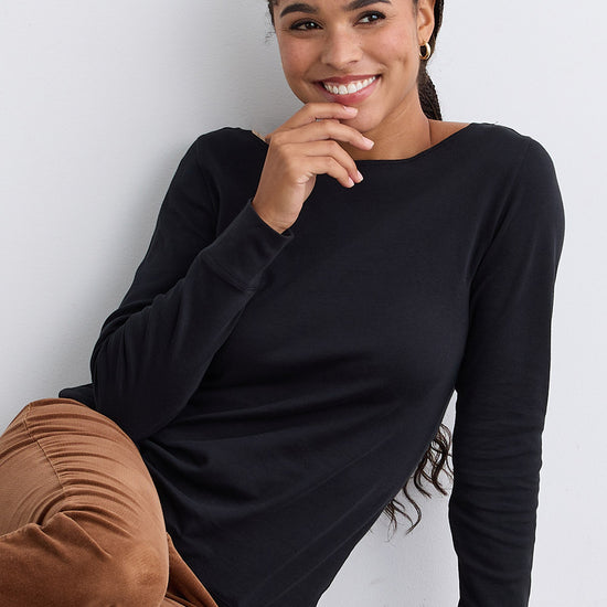 Women's Luxe 100% Organic Cotton Boat Neck Long Sleeve Tee - Black