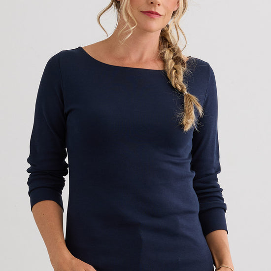 Women's Luxe 100% Organic Cotton Boat Neck Long Sleeve Tee - Dark Navy