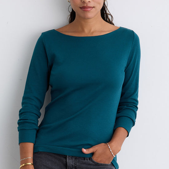 Women's Luxe 100% Organic Cotton Boat Neck Long Sleeve Tee - Deep Teal