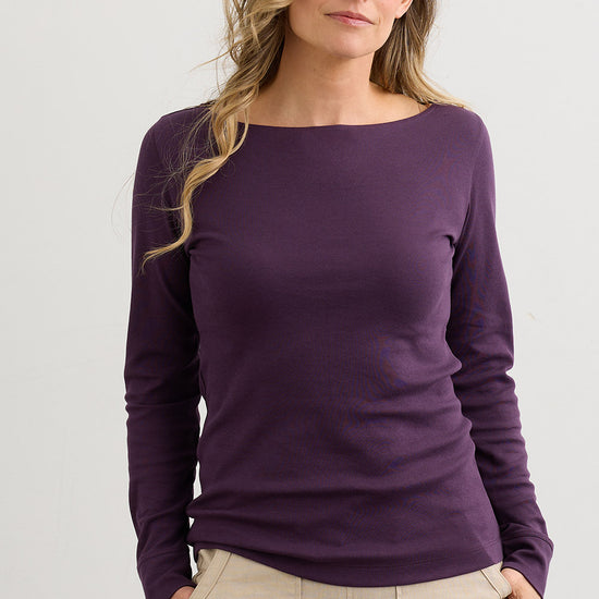 Women's Luxe 100% Organic Cotton Boat Neck Long Sleeve Tee - Eggplant