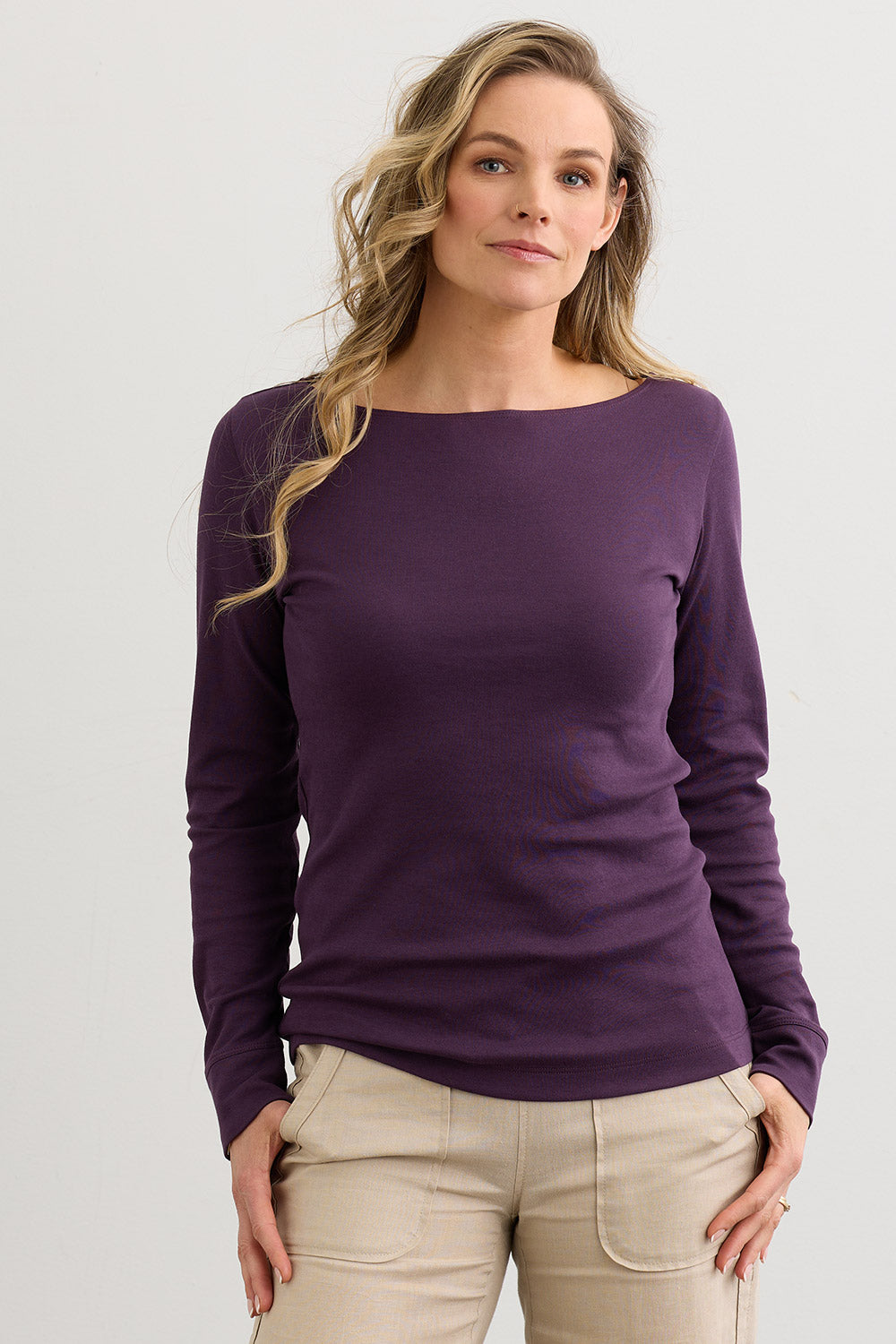 Women's Luxe 100% Organic Cotton Boat Neck Long Sleeve Tee - Eggplant