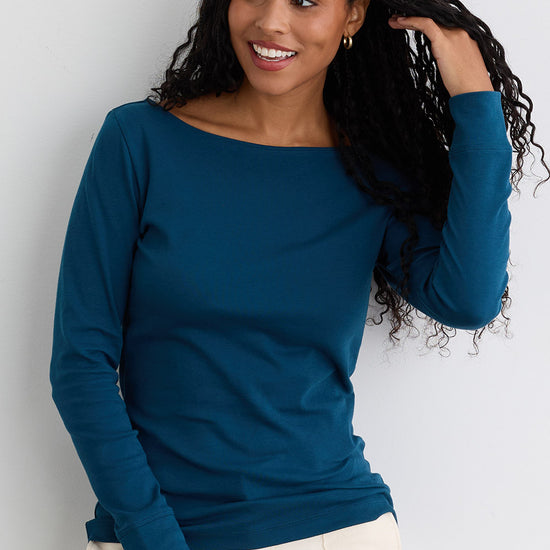 Women's Luxe 100% Organic Cotton Boat Neck Long Sleeve Tee - Peacock