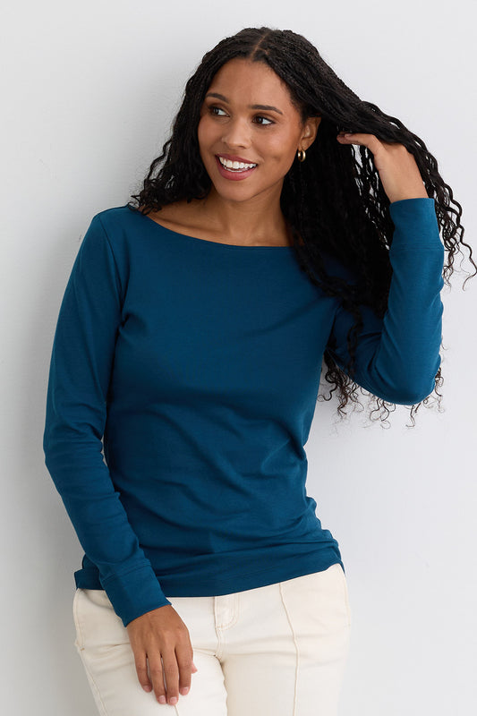 Women's Luxe 100% Organic Cotton Boat Neck Long Sleeve Tee - Peacock