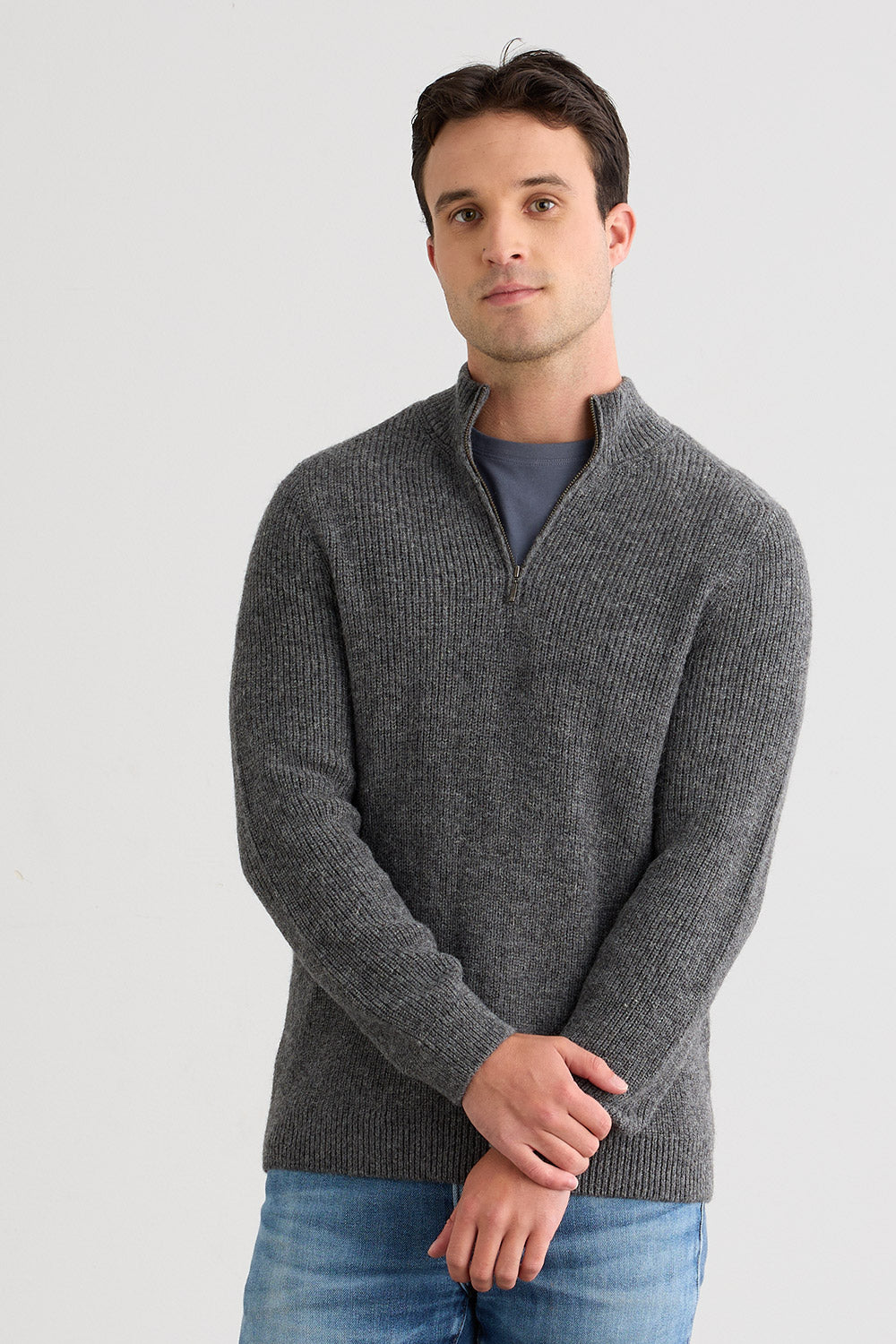 Men's Baby Alpaca Quarter Zip Pullover Sweater - Grey
