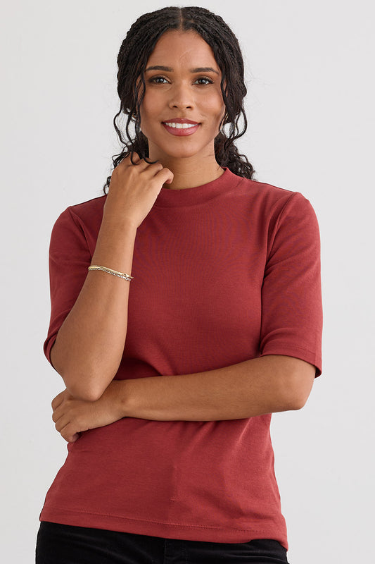 Women's 100% Organic Cotton Luxe Half Sleeve Mock Neck Tee - Auburn