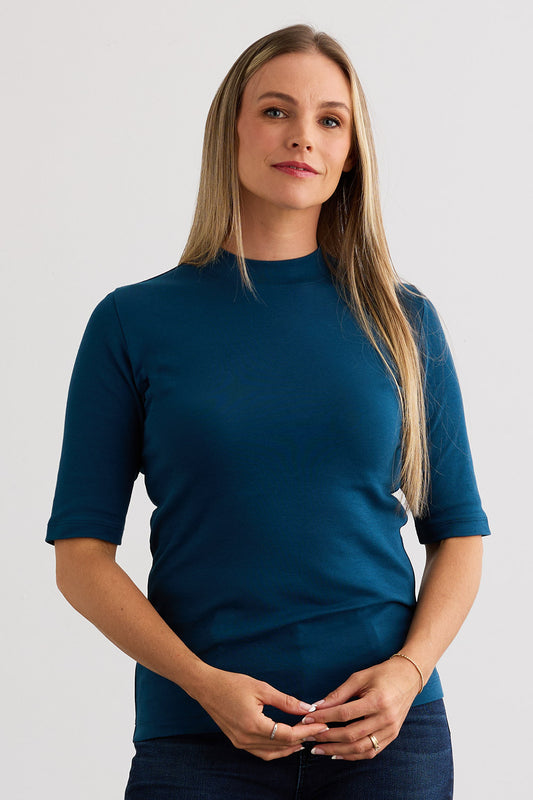 Women's 100% Organic Cotton Luxe Half Sleeve Mock Neck Tee - Peacock