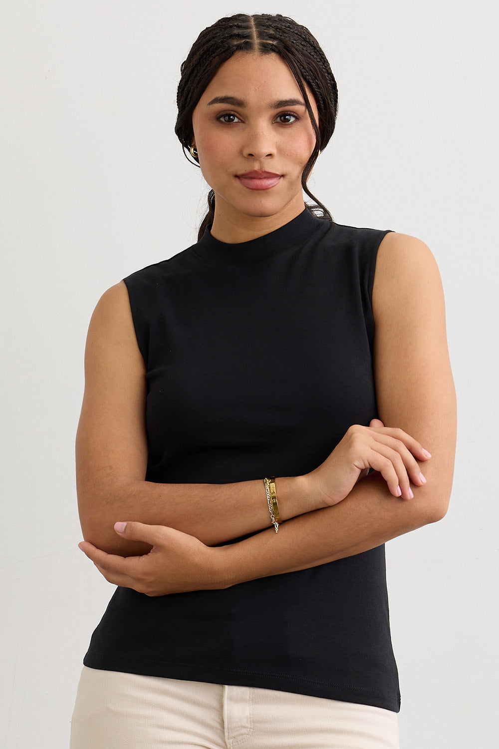 Women's 100% Organic Cotton Luxe Sleeveless Mock Neck Tee - Black