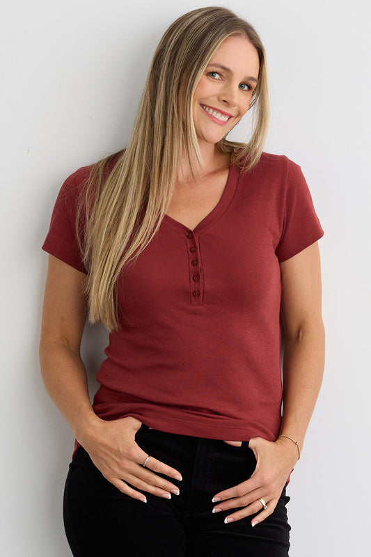 Women's Luxe 100% Organic Cotton Short Sleeve V-Neck Henley Shirt - Auburn