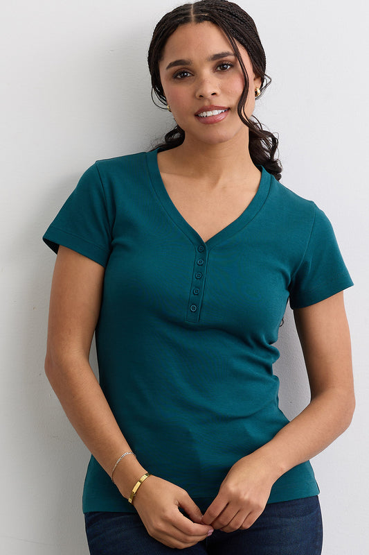 Women's Luxe 100% Organic Cotton Short Sleeve V-Neck Henley Shirt - Deep Teal