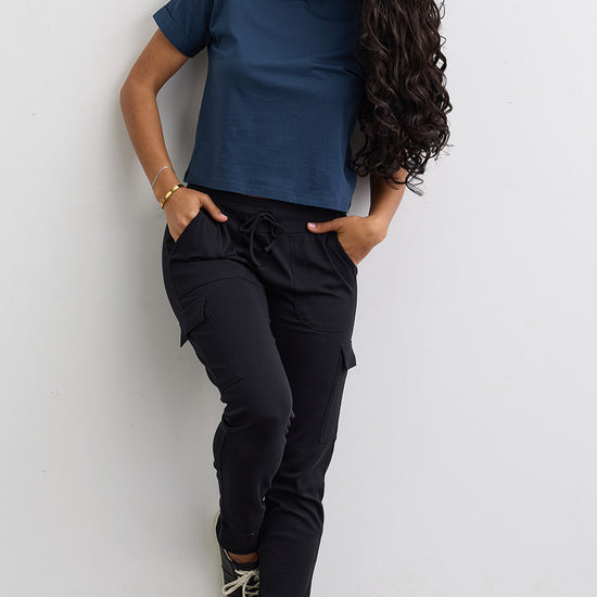 Women's 100% Organic Cotton Lightweight Jogger Cargo Pants - Black