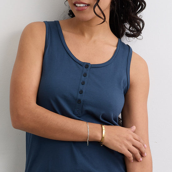 Women's 100% Organic Cotton Sleeveless Scoop Neck Henley Tank - Indigo