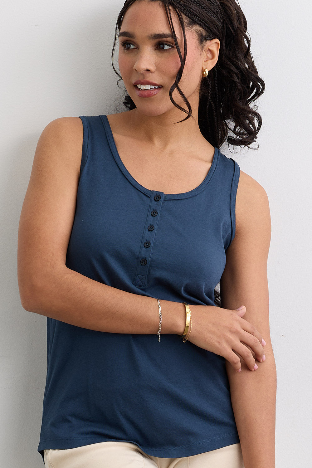 Women's 100% Organic Cotton Sleeveless Scoop Neck Henley Tank - Indigo