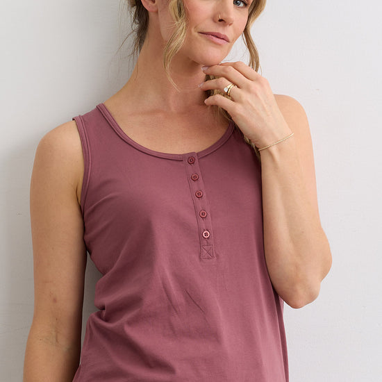 Women's 100% Organic Cotton Sleeveless Scoop Neck Henley Tank - Soft Plum