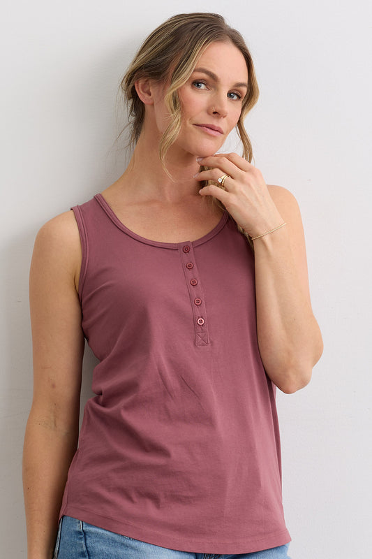 Women's 100% Organic Cotton Sleeveless Scoop Neck Henley Tank - Soft Plum