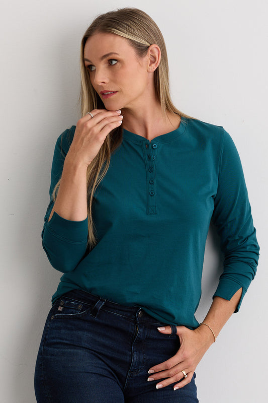 Women's 100% Organic Cotton Relaxed Long Sleeve Henley Shirt - Deep Teal