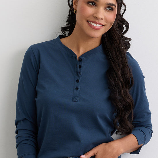 Women's 100% Organic Cotton Relaxed Long Sleeve Henley Shirt - Indigo