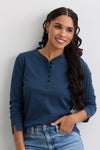 Women's 100% Organic Cotton Relaxed Long Sleeve Henley Shirt - Indigo