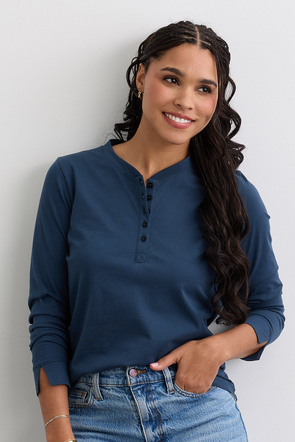 Women's 100% Organic Cotton Relaxed Long Sleeve Henley Shirt - Indigo