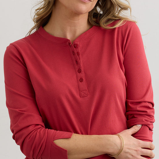 Women's 100% Organic Cotton Relaxed Long Sleeve Henley Shirt - Vintage Red