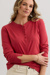 Women's 100% Organic Cotton Relaxed Long Sleeve Henley Shirt - Vintage Red