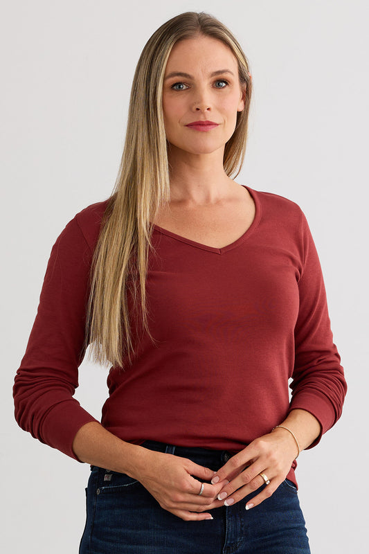 Women's Luxe 100% Organic Cotton V-Neck Long Sleeve Tee - Auburn