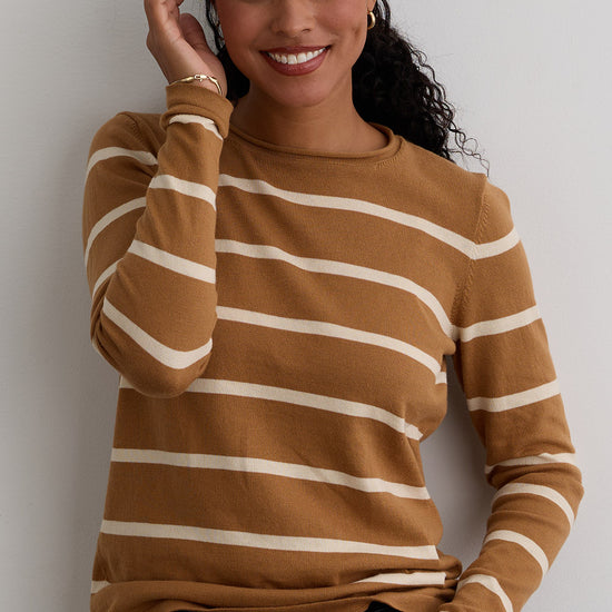 Women's Organic All-cotton Stripe Roll Neck Sweater - Camel Undyed