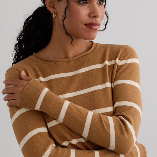 Women's Organic All-cotton Stripe Roll Neck Sweater - Camel Undyed