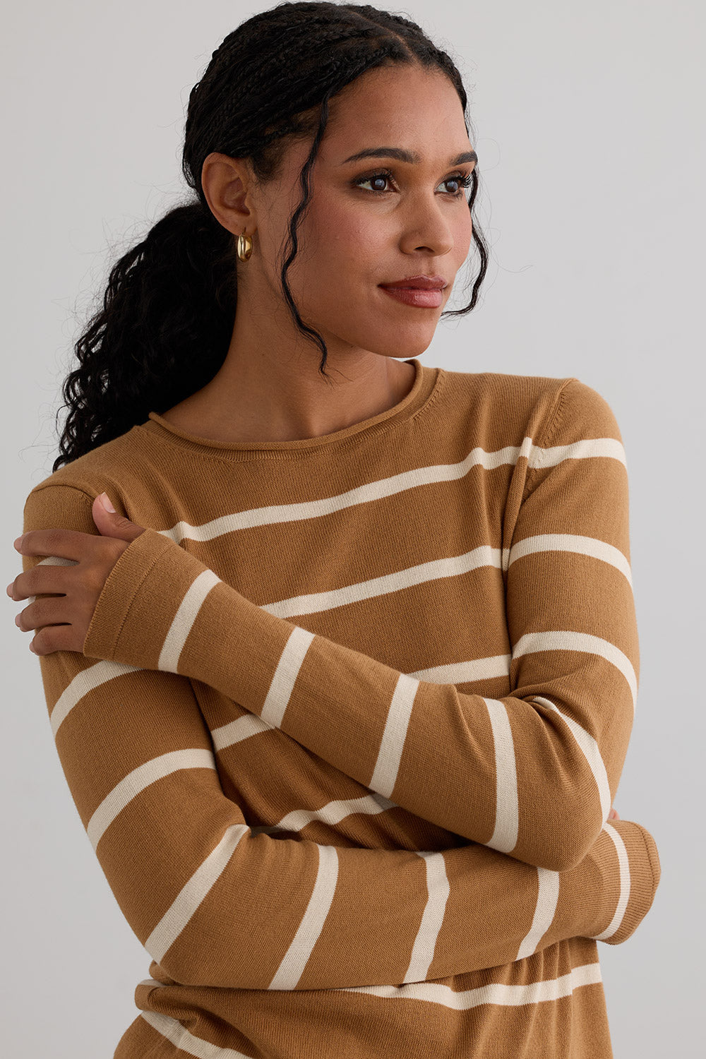Women's Organic All-cotton Stripe Roll Neck Sweater - Camel Undyed