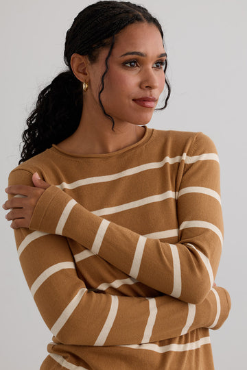 Women's Organic All-cotton Stripe Roll Neck Sweater - Camel Undyed