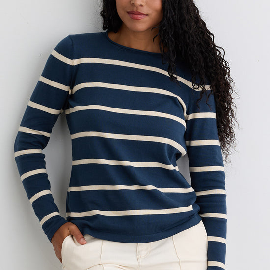 Women's Organic All-cotton Stripe Roll Neck Sweater - Indigo Undyed