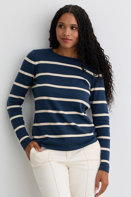 Women's Organic All-cotton Stripe Roll Neck Sweater - Indigo Undyed