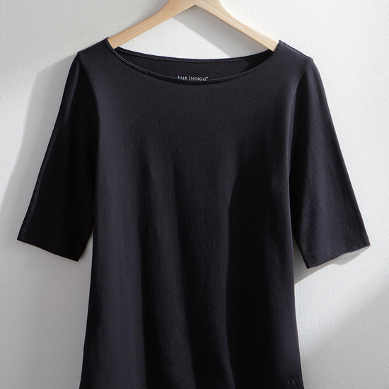 Women's Organic Cotton Elbow Sleeve Boat Neck Top - Black
