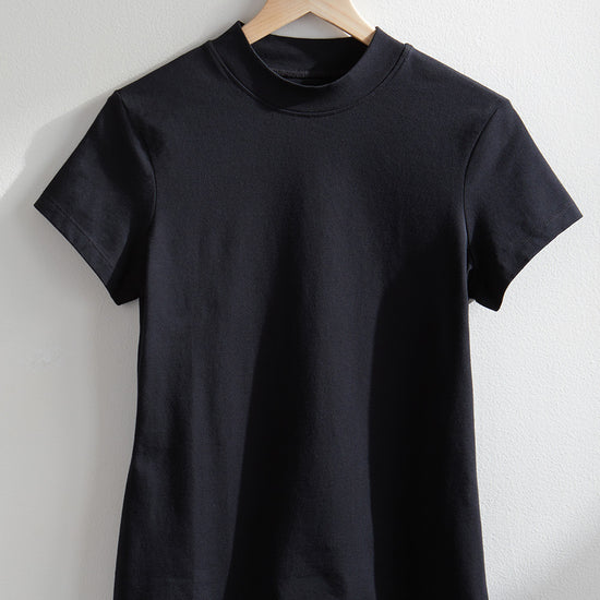 Women's Slim Organic Cotton Short Sleeve Mock Neck Top - Black