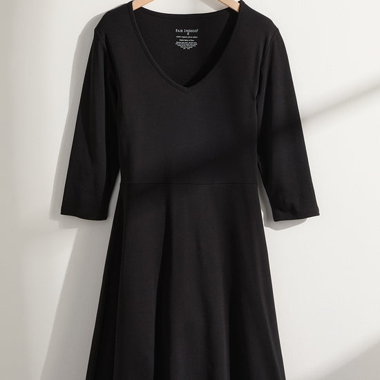 Women's 100% Organic Cotton 3/4 Sleeve V-Neck Dress - Black