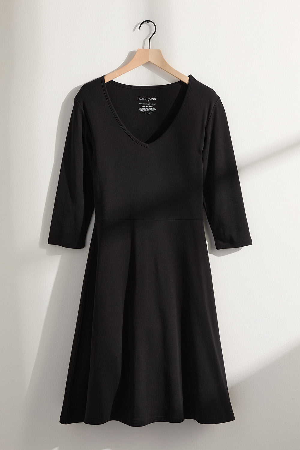 Women's 100% Organic Cotton 3/4 Sleeve V-Neck Dress - Black