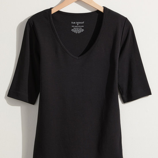 Women's Luxe 100% Organic Cotton Elbow Sleeve V-Neck Top - Black