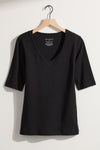 Women's Luxe 100% Organic Cotton Elbow Sleeve V-Neck Top - Black