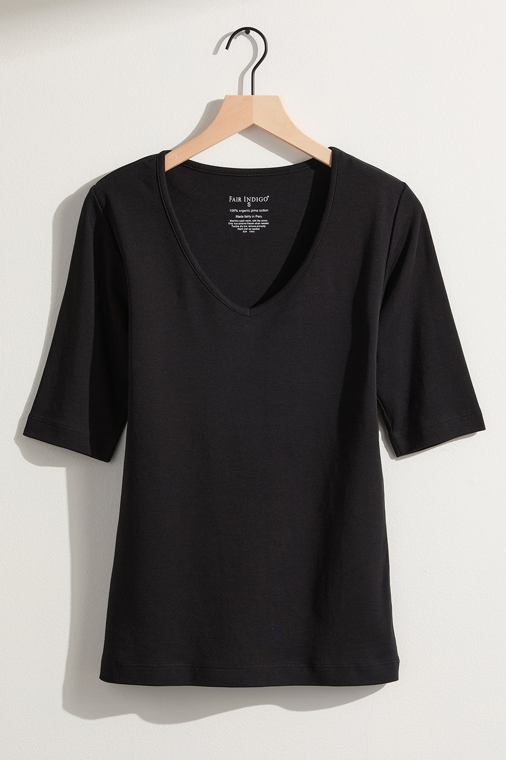 Women's Luxe 100% Organic Cotton Elbow Sleeve V-Neck Top - Black