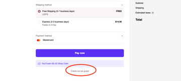 Checkout page showing shipping and payment options, with a Check out as guest link circled in red below the Pay now button.