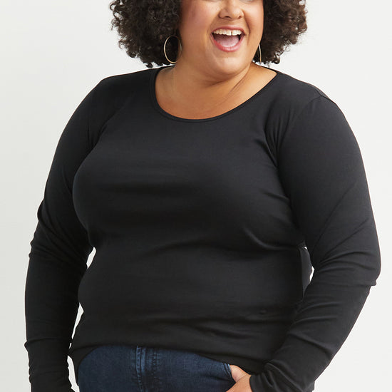 Women's Luxe 100% Organic Cotton Jewel Neck Long Sleeve Tee - Black