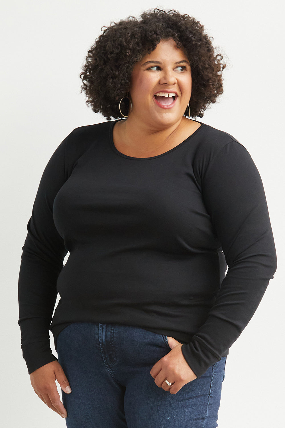 Women's Luxe 100% Organic Cotton Jewel Neck Long Sleeve Tee - Black