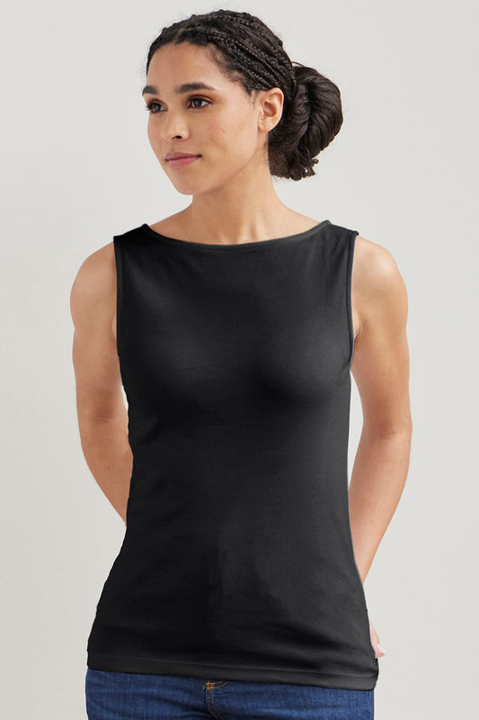 Women's Luxe 100% Organic Cotton Sleeveless Boat Neck Tee - Black